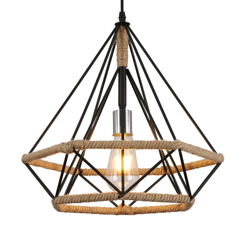 

Retro Creative Rope Pendant Lamp, Diamond Shape Iron Cage Ceiling Light, Hemp Rope Chandelier for Dining Room Living Room