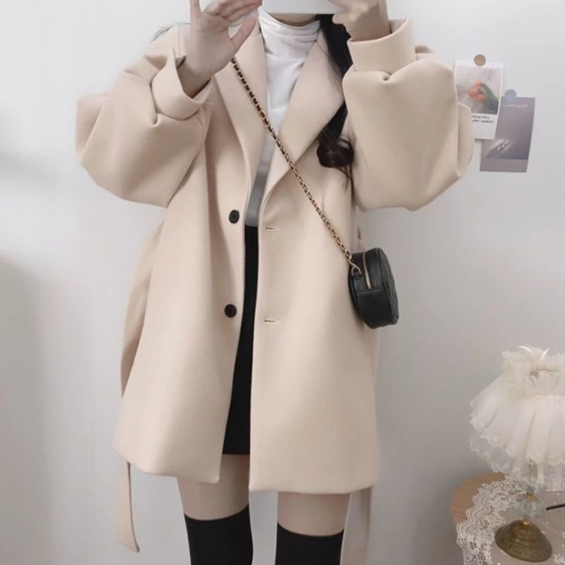 معطف صوف نسائي عتيق على الطراز الكوري مع ياقة مدببة وزرين وربطة خصر وأكمام فانوس مناسبة لخريف وشتاء صغير