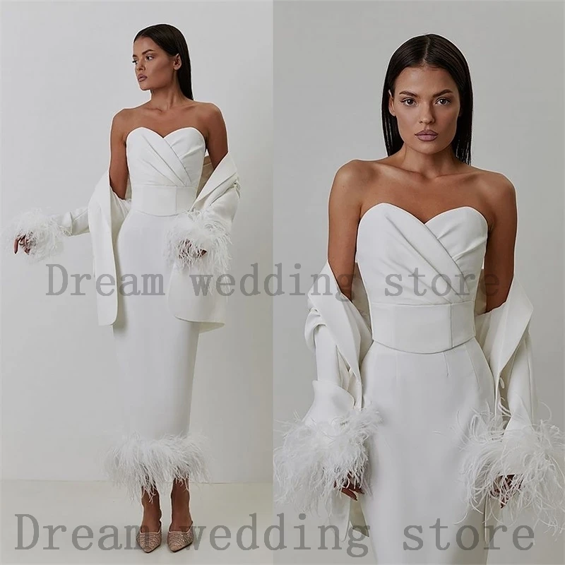 

Designer White Women Skirt Suits Set Blazer+Top Bra+Midi Dress 3 Pcs Ostrich Feather Wedding Tuxedo Tailored Made Prom Gown Coat