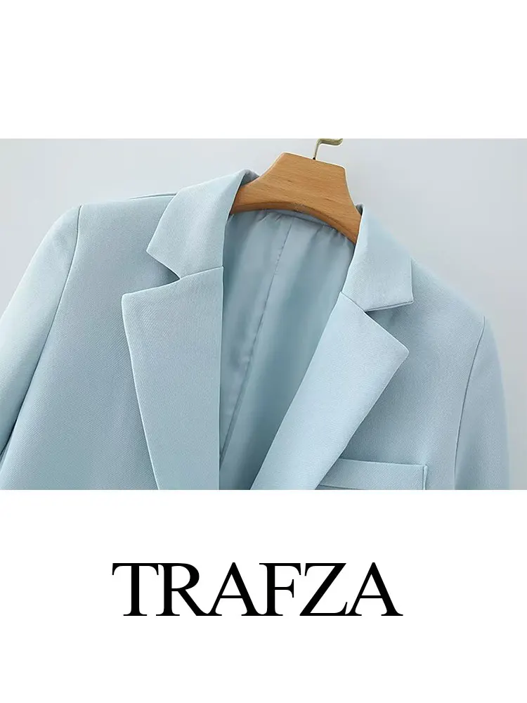 TRAFZA Fashion Retro Blue Elegant Blazer Set Long Sleeves Lapel Loose Blazer High Waist Pockets Loose Shorts Commuter Chic Set