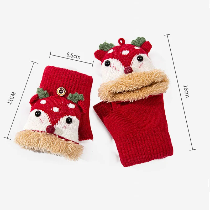 4-12 Years Kids Winter Flip Gloves Knitted Half Finger Mittens with Cartoon Christmas Deer Plush Thick Warm Glove for Boys Girls