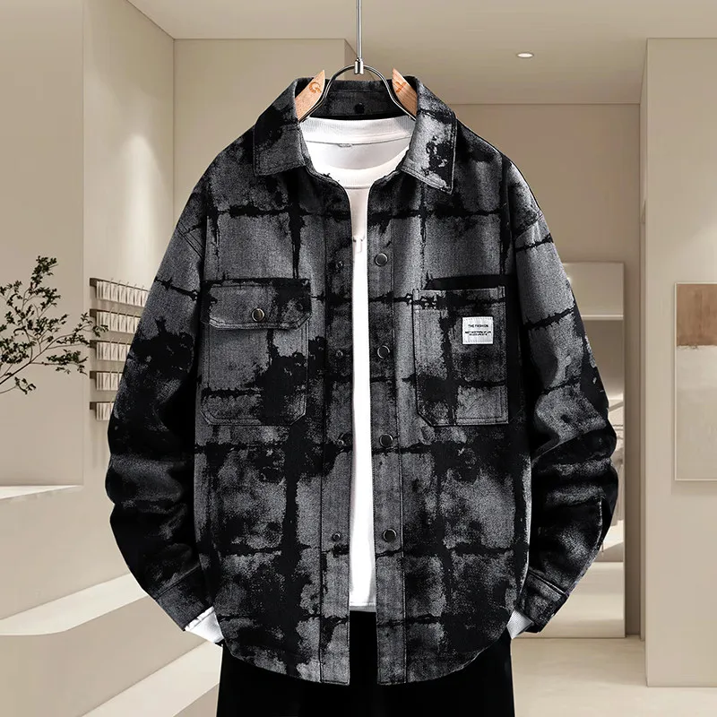 

Мужская джинсовая куртка Spring Denim с отложным воротником, повседневная, модная, универсальная, в стиле ретро, с принтом, ветрозащитная, из хлопка, полиэстера и вискозы