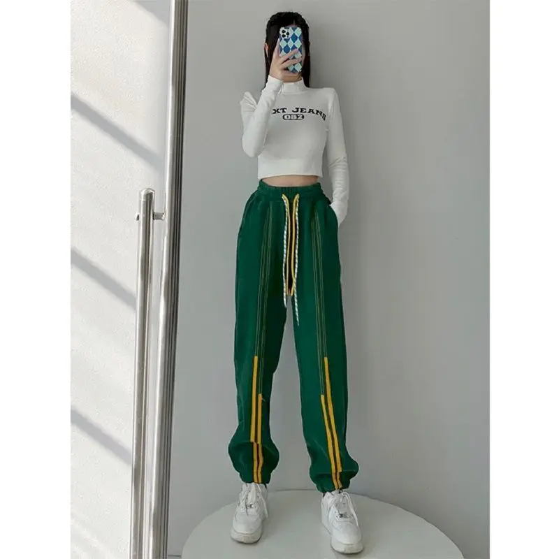 American Casual Sweatpants Women Trousers Spring Autumn Vertical Strip Stitching Loose Cropped Pants Drawstring Leggings Pants