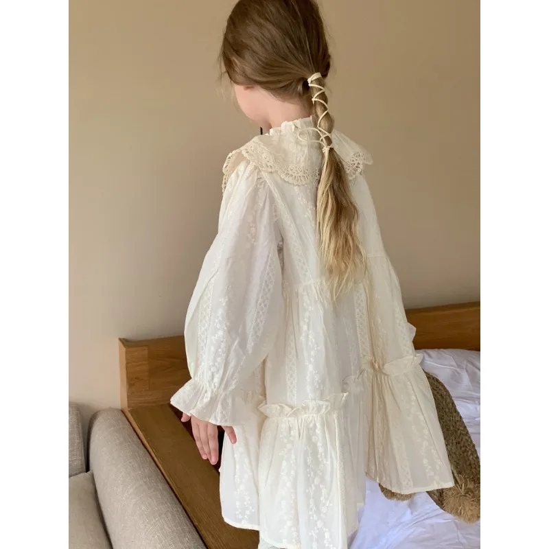 Girls Dress 2023 Spring Autumn Baby Lace Collar Dress Sweet Style Long Sleeved Princess Solid Color Casual Simple Sweet Dress