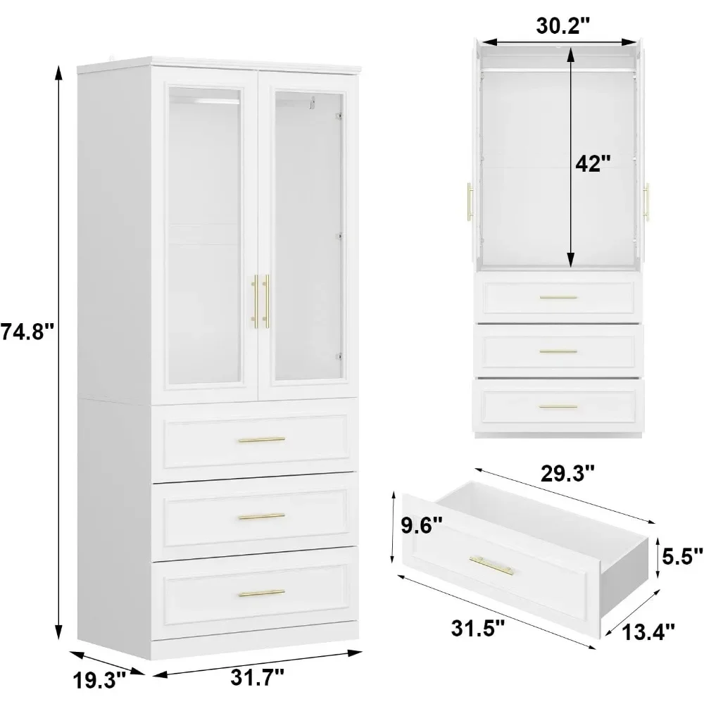 Wardrobe Closet with 2 Glass Doors & 3 Drawers, Armoire Wardrobe Closet with Hanging Rod, Gold Metal Handles