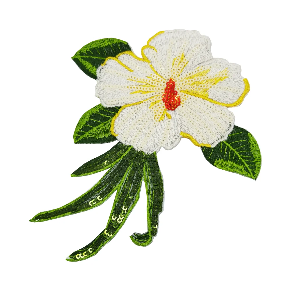 2pc Hibiscus Embroidery Patch Sequin Beaded Patches For Clothing Flower Sticker Embroidered Appliques Iron On Parches AC1578