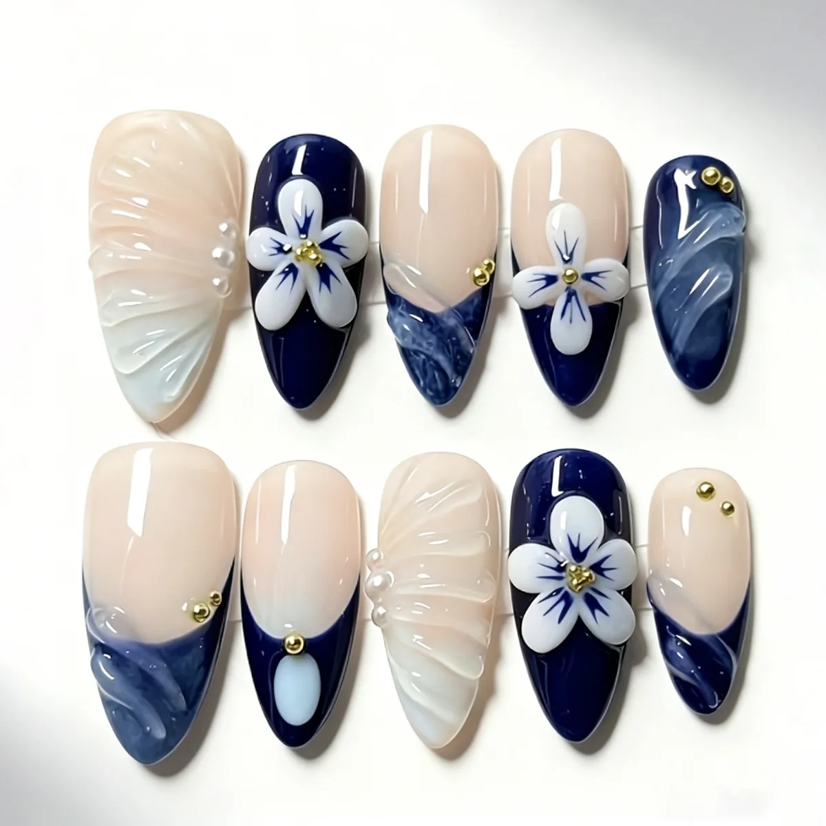 24Pcs Gradient French Almond False Nails Nude Pink with Butterfly Flower Tips Press on Chain Diamond Design Pearl Fake Nails Art 5