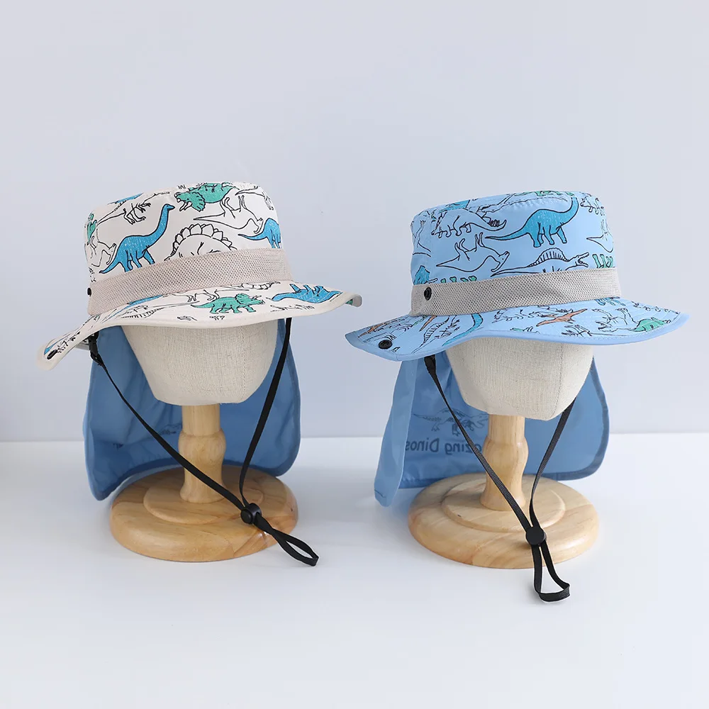 2026 New Korean Style Kids Hat Cartoon Print Sun Protection and Shading Quick-drying Bucket Hat for Girls Boys Shawl Hat