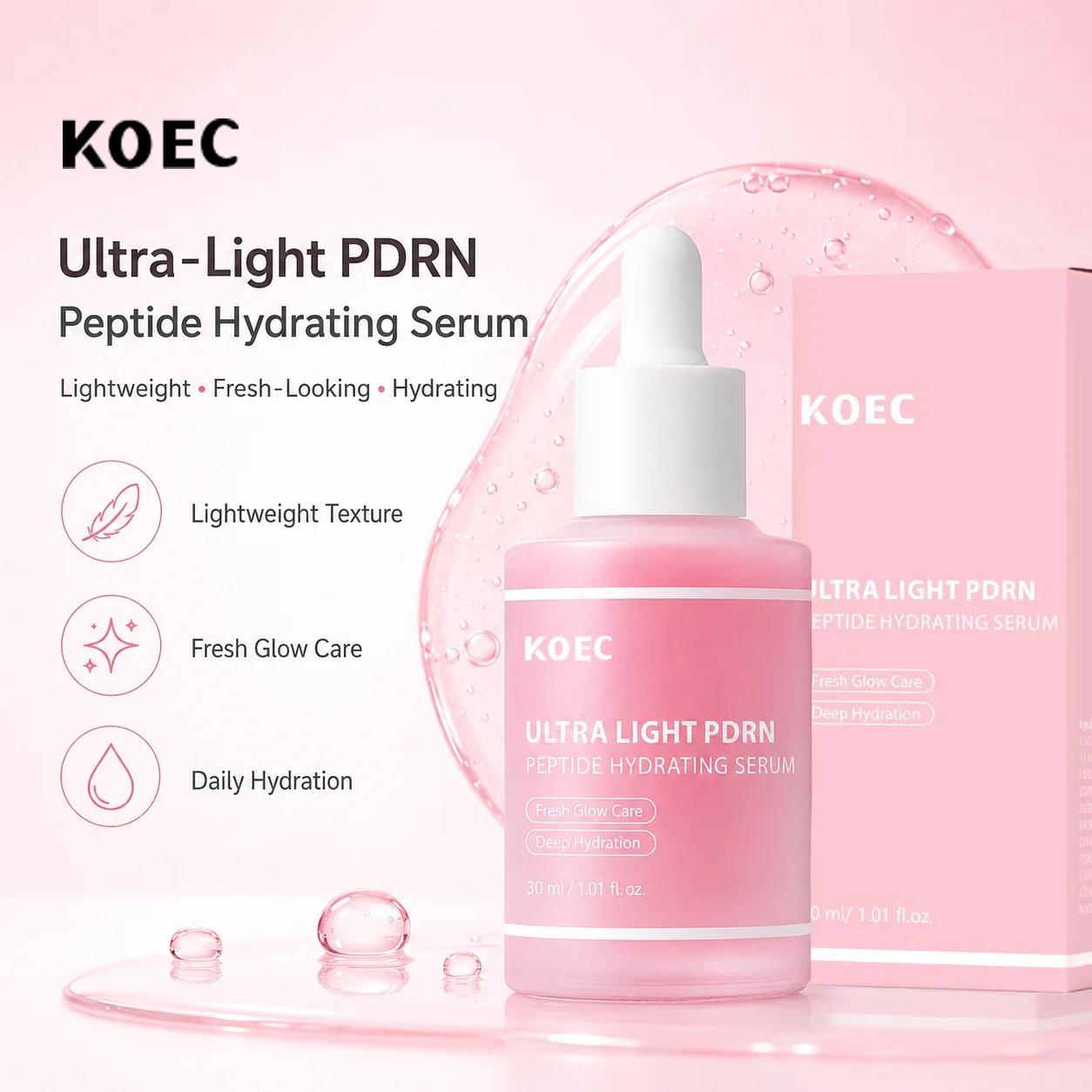 KOEC PDRN Pink Peptide Salmon Serum | Ultra-Light Hyaluronic Acid Serum for Face with Collagen & Niacinamide | Firming, Moisturizing & Radiant Glow Care | Fast-Absorbing Salmon DNA Serum, 1.01 fl. oz