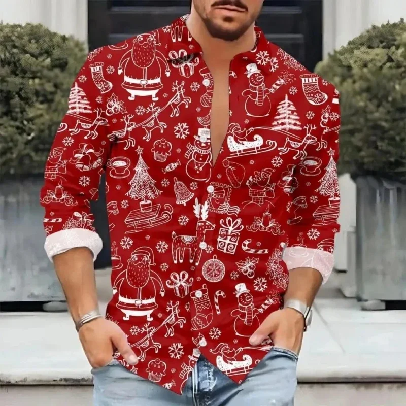 Sneeuwvlok Hawaiiaanse Rode Shirts Mannen Nieuwjaarsmode Kerst Lange Mouw Vissen Strand Blouse Single Breasted Hemdjes Strandkleding