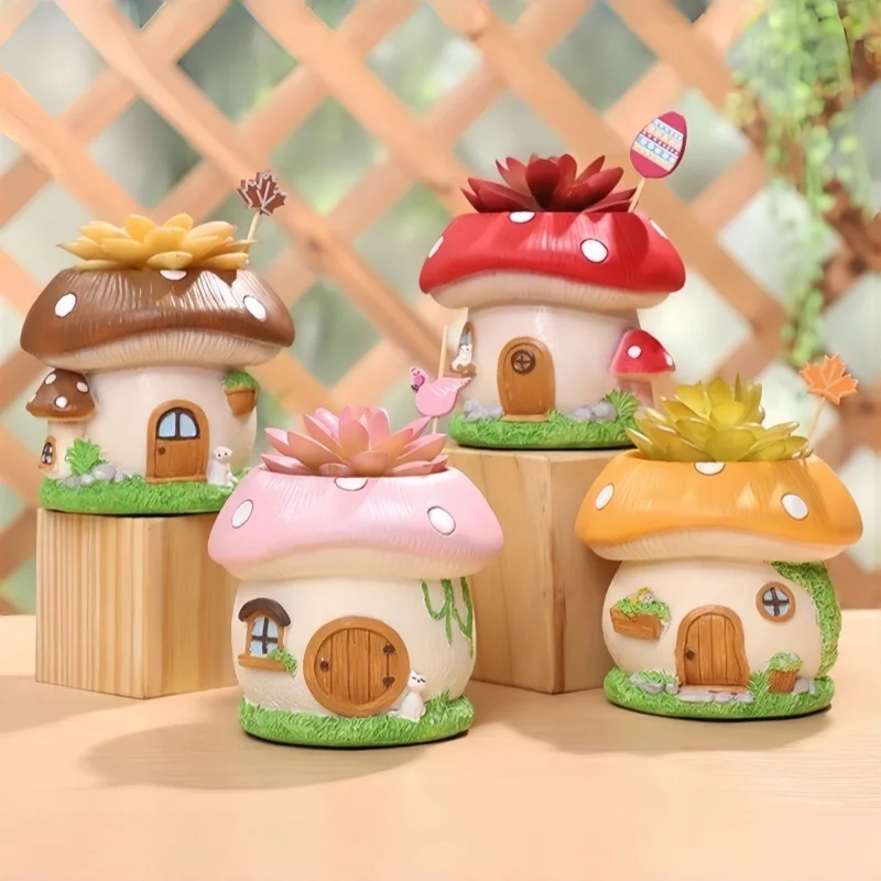 Pastoral Fairy Tale Mushroom House Succulent Resin Planter Mini Desktop Flower Pot For Balcony Windowsill Home Decoration Crafts