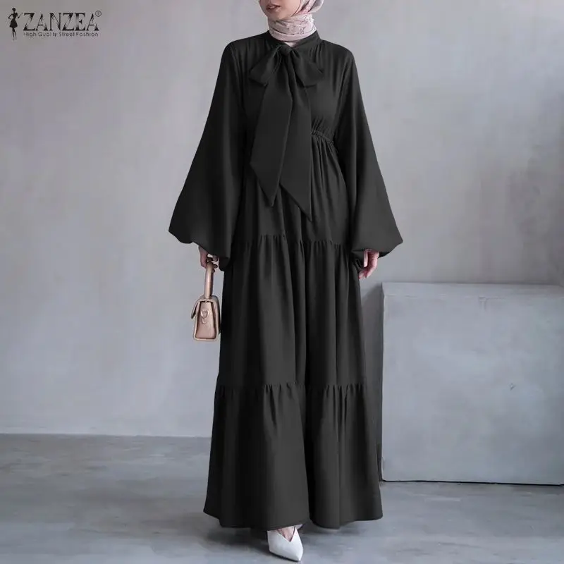 ZANZEA Modest Muslim Dresses Abaya Women Elegant Tie-Neck Full Lantern Sleeve Tiered Maxi Long Dress Ramadan Hijab Sundress Robe
