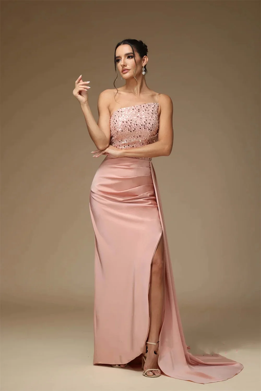 Muloong Strapless Sweep Train Women Elegant And Pretty Luxury Prom Dress