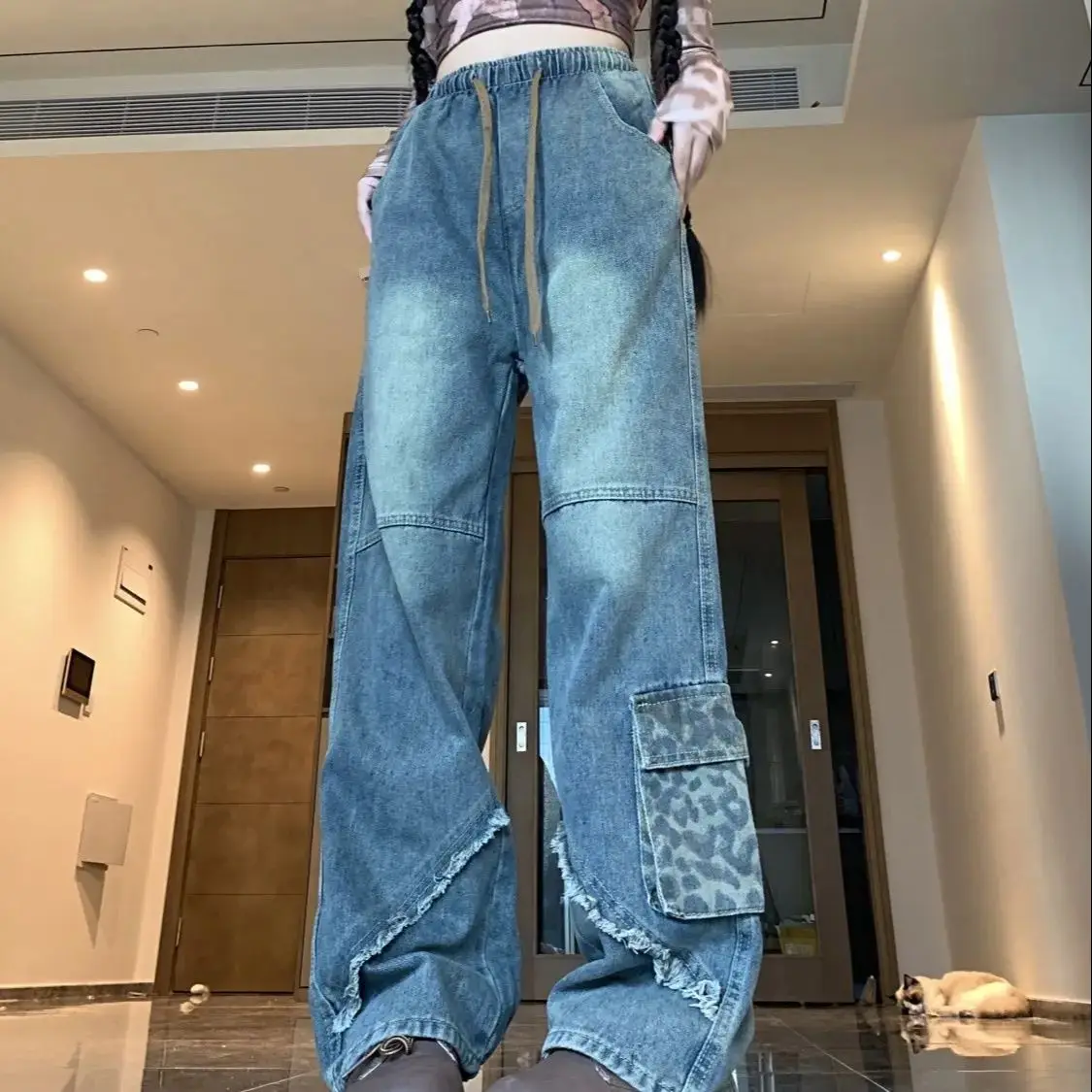 Retro Street Elastic Waist Design Jeans Women Spring Summer 2025 New Loose Casual Versatile Slim Fashionable Wide-Leg Pants