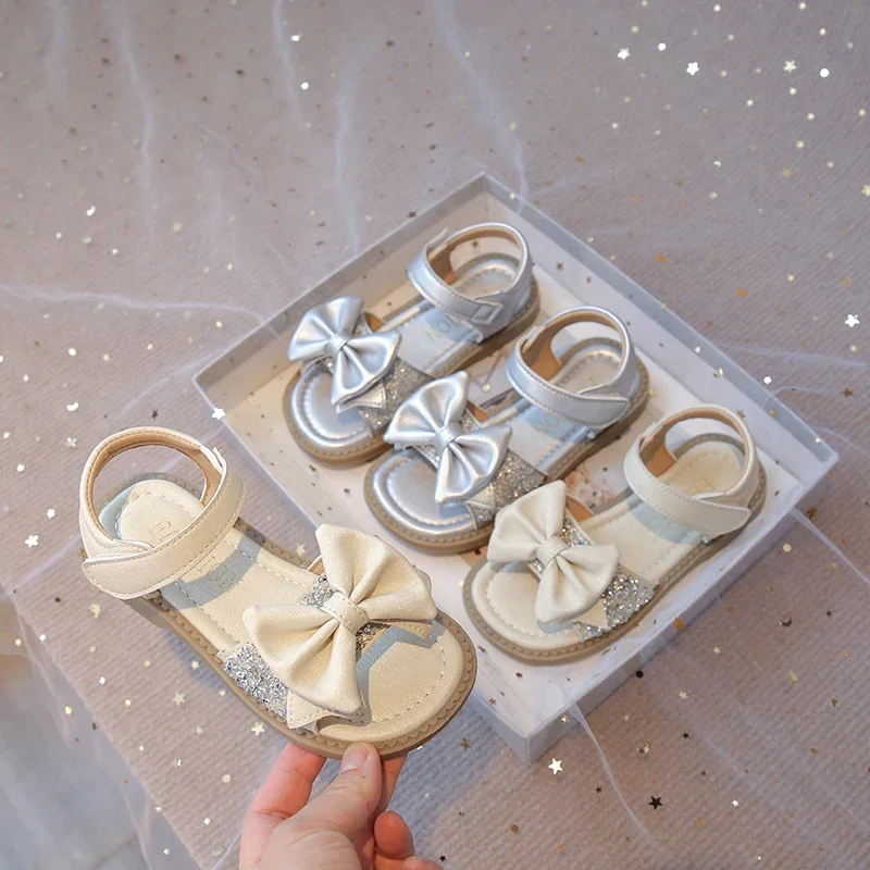 

Girls Bow-knot Sandals Princess Sweet with Sequins Fashion Kids Summer Beach Shoes Open Toes Simple Classic Chic for Wedding New