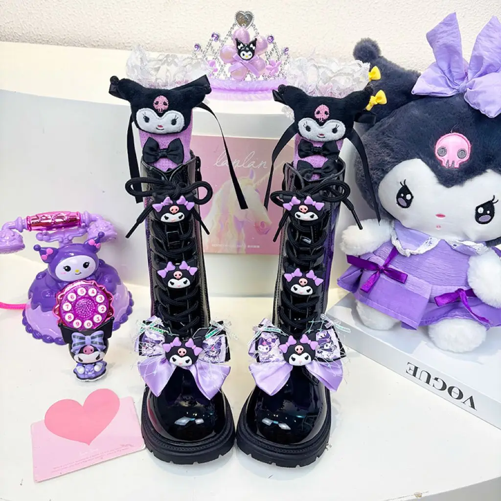 新しいサンリオファッション漫画子供靴かわいいクロミ女の子ロングレザーブーツソフトソール冬子供プラスベルベット綿靴