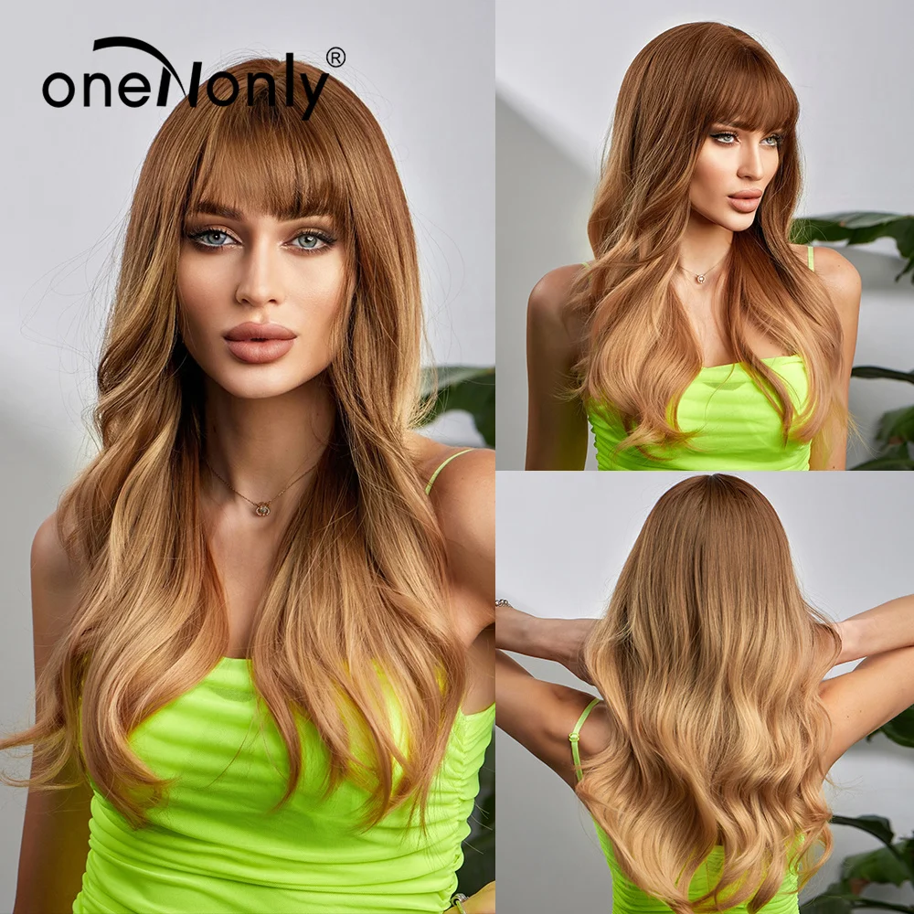 

oneNonly Good Quality Synthetic Wigs Long Body Wave Gold and Brown Wig Daily Natural Wigs for Women Heat Resistant Hair