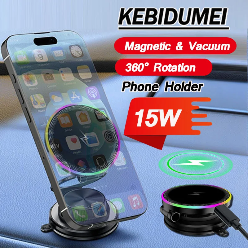 

360 Degree Rotatable Magnetic & Vacuum Car Phone Holder with 15W Wireless Charging & RGB Light,Twist to Lock Phone Bracket
