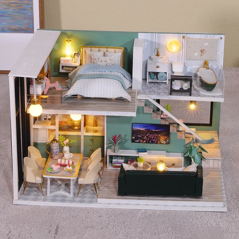 

DIY Wooden Miniature Model Kit Modern Loft Bedroom Casa Doll Houses Assembled Dollhouses Villa With Furniture Home Decor Gifts