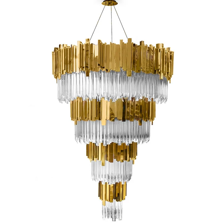 Luxury Gold Led Chandelier In The Hall Living Room Large Top Long Crystal Hanging Lamps Staircase Lighting Polished Steel Light