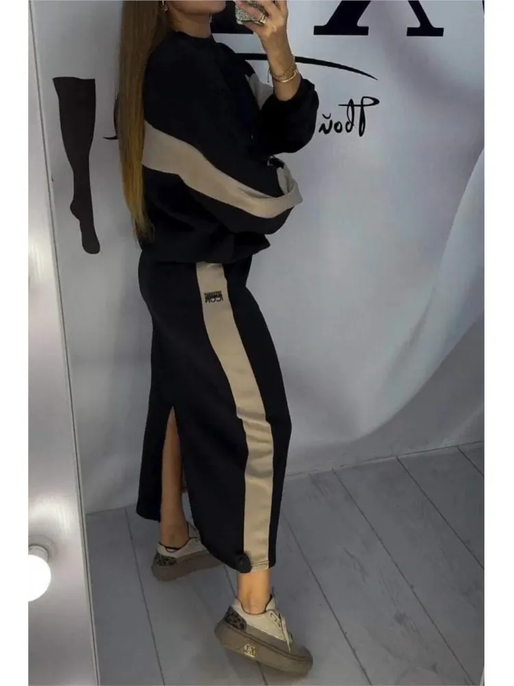 

Fashion Long-sleeved O-neck Top + Skirt 2-piece Set Women Autumn Color Matching Loose Casual Sweatshirt Slit Skirt Suit Female