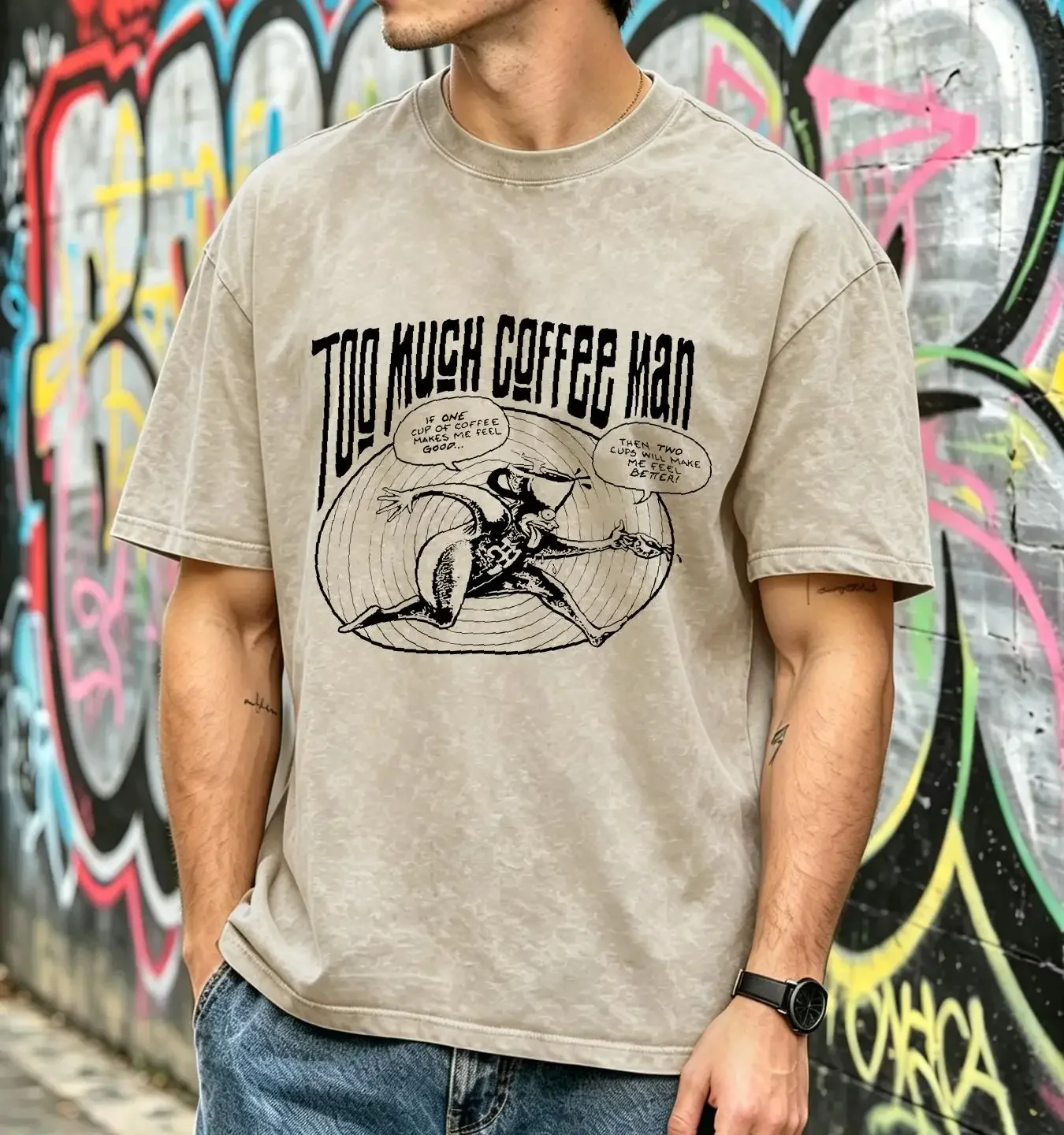 washed T Shirt 90s Too Much Coffee Man Comic Shannon Wheeler Cartoon Extra Large vintage Washed homme Stretched Comfortable