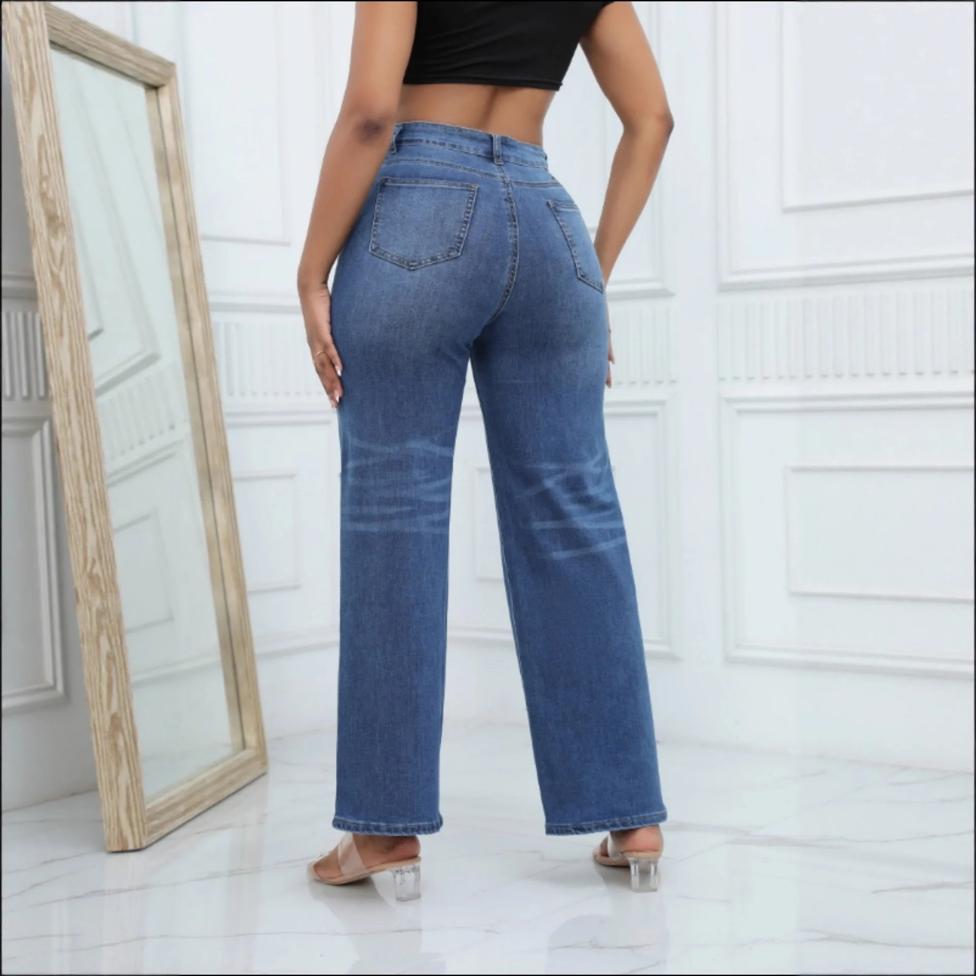 Women's New Stretchy Distressed Jeans Mid Rise Loose Flared Pants Street Fashion Trousers