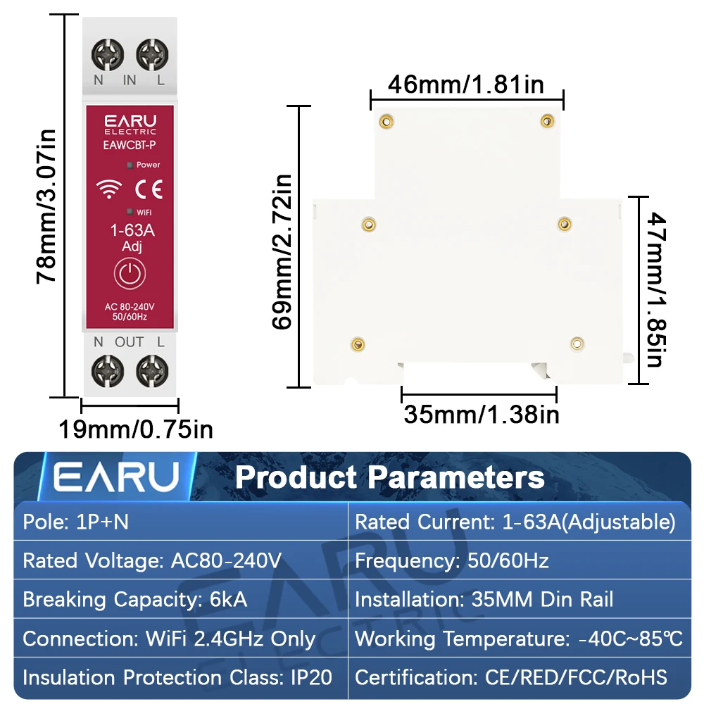 EARU Tuya App Smart WiFi MCB Circuit Breaker Current Voltage Power Energy kWh Meter Protector Timer Relay Switch Remote Control