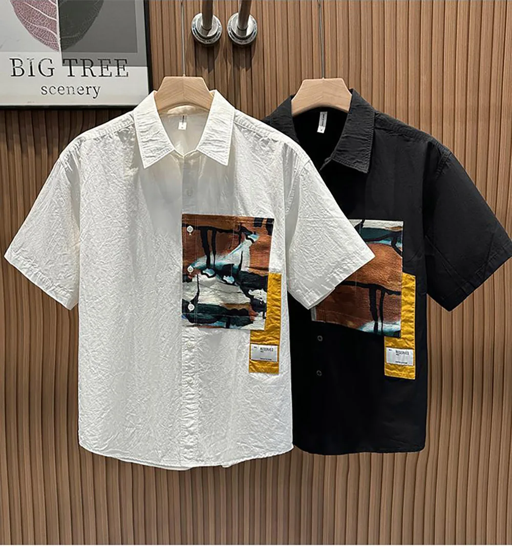 

Summer Printed Spliced T-shirt for Men Lapel Single Breasted Short Sleeved Shirt French Casual Fashion Gentleman Top