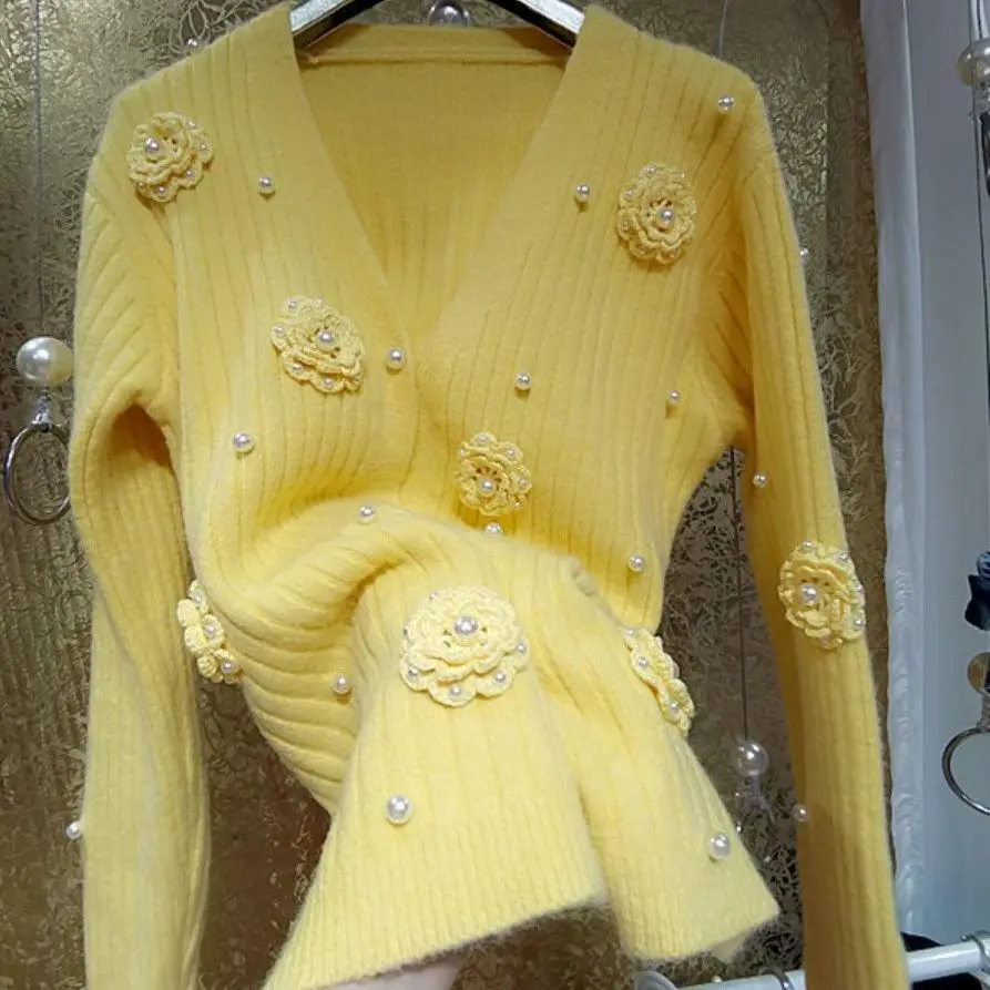 Hooked 3D Flowers Pearls Beaded Yellow Sweater Coat Fairy Floral Crocheted Knitted Cardigan Elastic Knitwear V-Neck Jumpers Tops