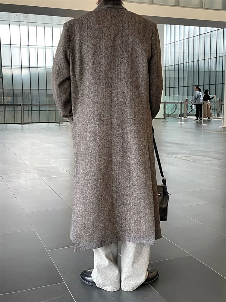 Korean Style Long Dropped Shoulder Man Suit Jackets Herringbone Double-Breasted Luxury Men's Blazer Double Slits Winter Coat New