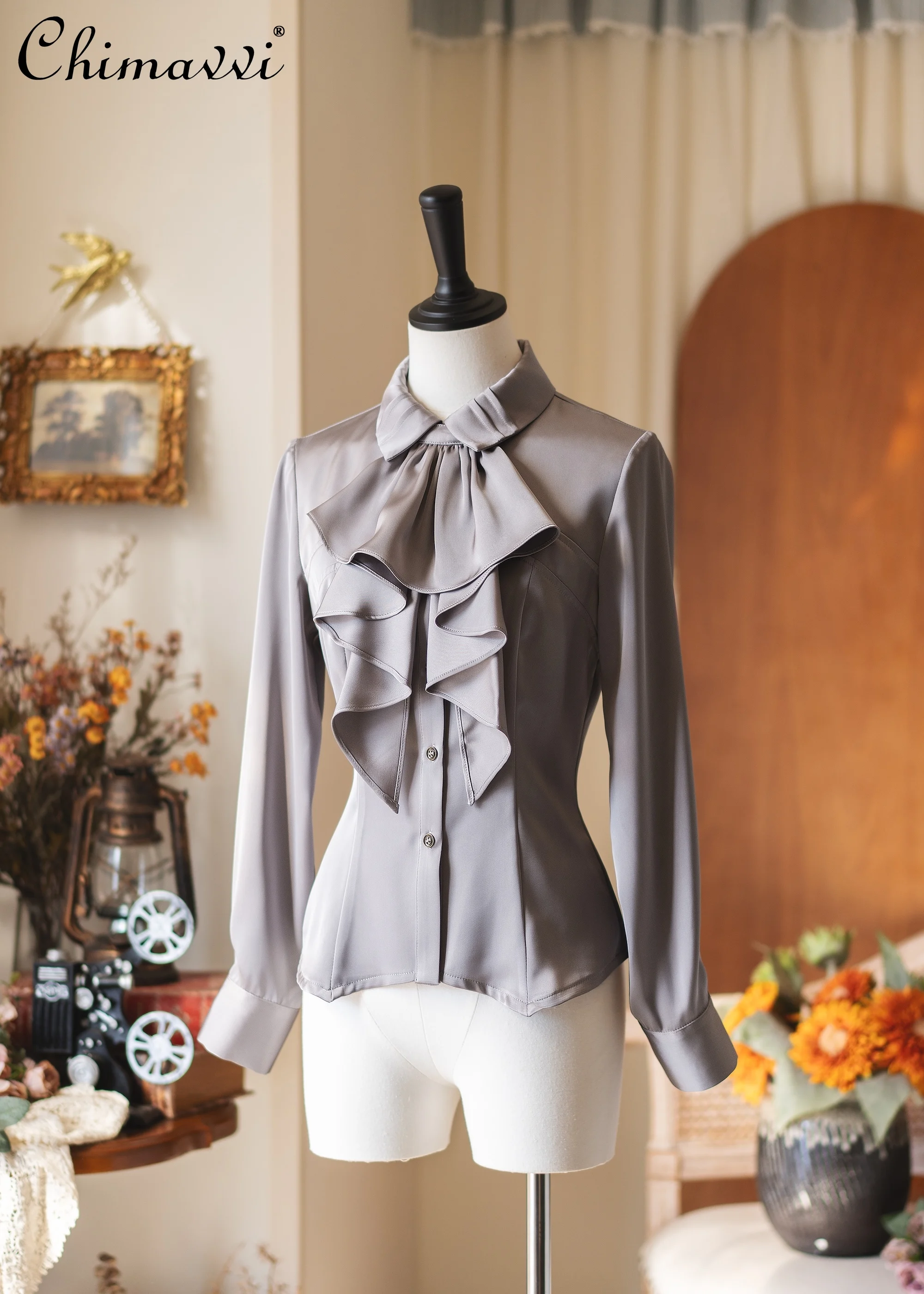 

Original Retro Palace Style Satin Blouse Spring and Autumn New Fashion Long Sleeve Loose Elegant Lolita Shirt for Women