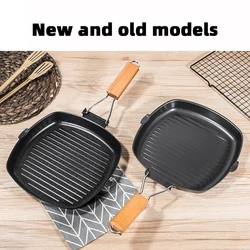 Foldable Portable Frying Pan Picnic Grill Pan Anti-scald Wooden Handle Outdoor Grill Pan Double Mouth Steak Pan(No Lid)