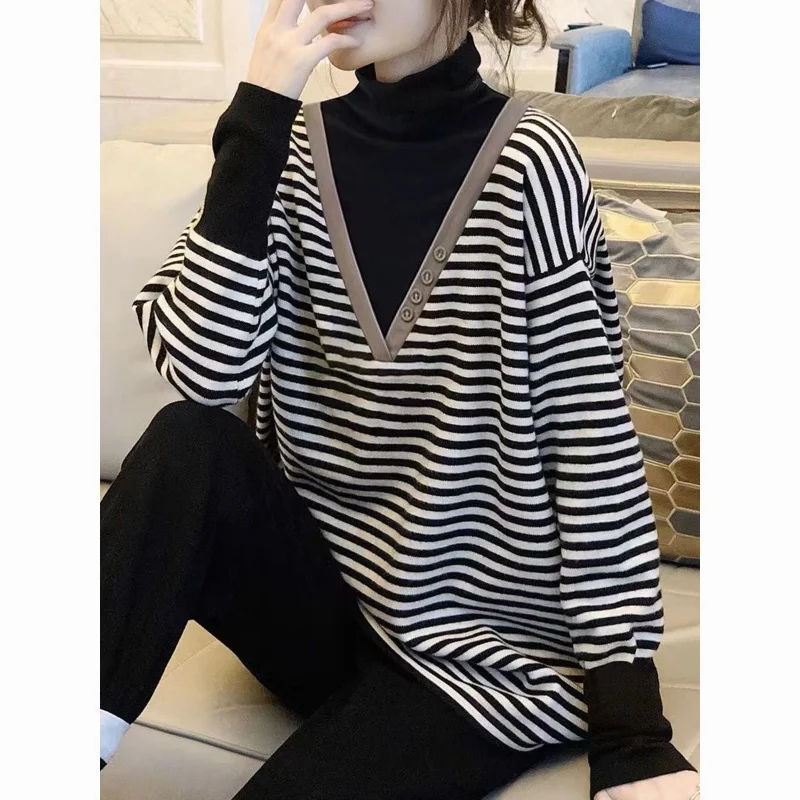 

Pullover Sweater Female 2023 Spring and Autumn Women High-neck Stripe Splice Fake Two Slouchy Western Knits Sweater Pullover