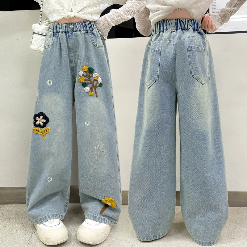 

Hot Sale Kids Fashion Blue Jeans with Appliques For Girl New Stylish Denim Pants Slim Fit Loose Jeans Trousers For Teenager 4-14