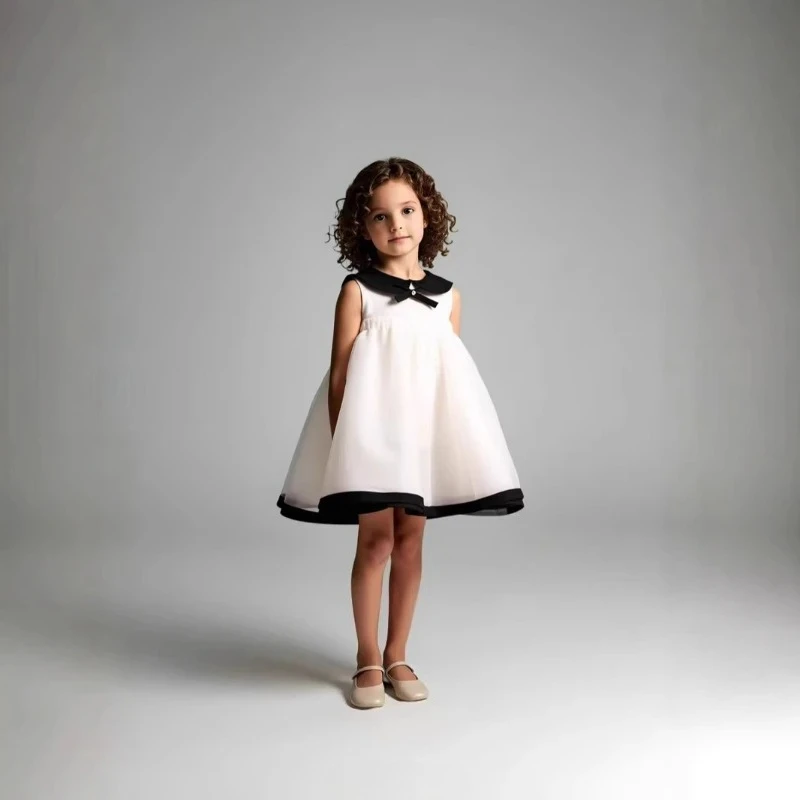 

Party Dress Costumes Korean Style Girls Tulle First Birthday Dresses Children Black Bow Collar Kids Flower Girl Gown Clothes