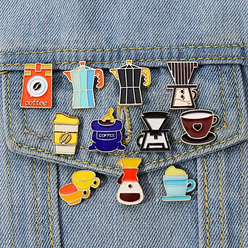 Cute Coffee Tools Beans Enamel Pins Mini Cartoon Coffee Accessories Brooch Barista Badge Lapel Fashion Coffee Cup Jewelry Gift