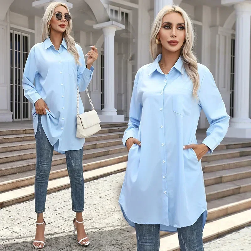 Europe and the United States women\'s fall new section long solid color casual temperament long-sleeved shirt female