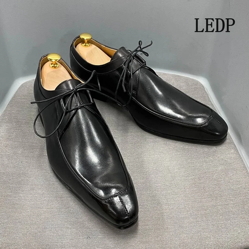 LEDP Brand Men's Cowhide Leather Business Dress Shoes 2024 New Explosive Casual Derby Color Low-top Lace-up Single Shoes