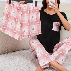 Women's Pajama Set Checkered printing Sleepwear Autumn Short Sleeve Tops & Shorts and Long Pants Pajamas 3 Piece Sets Loungewear