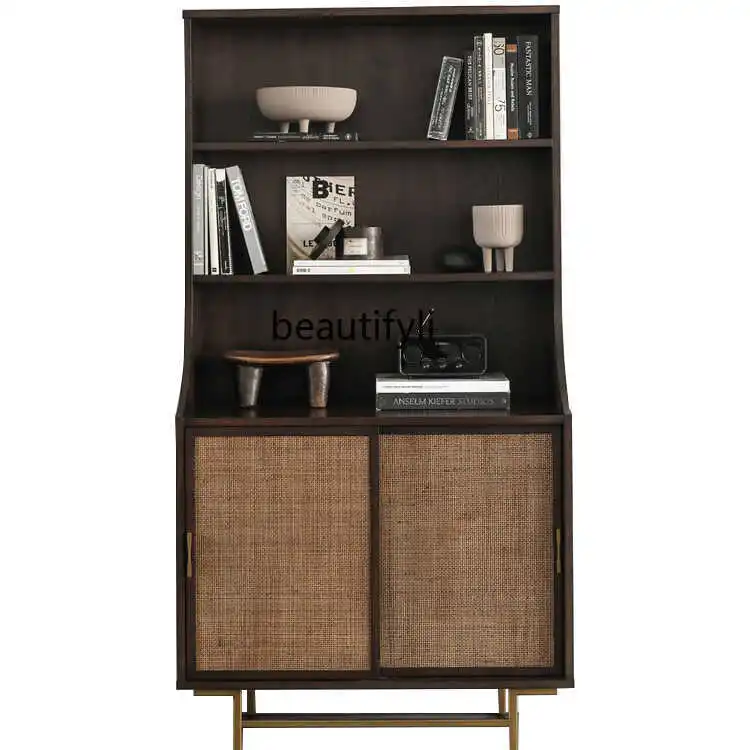 

Nordic-Style Solid Wood Rattan Bookcase Small Apartment Homestay Hotel-Style Mid-Ancient Retro Storage Cabinet