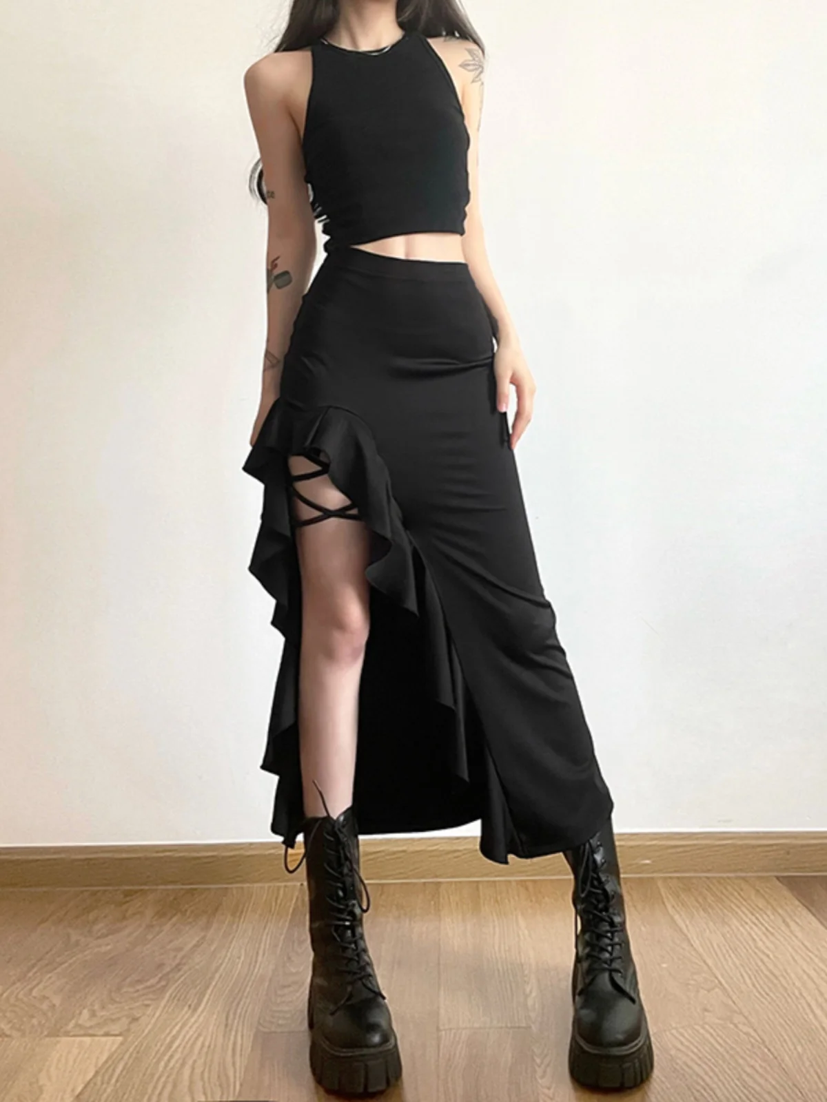 

Cool Street Sle Asymmetric Hemline Slim Fit Split High Waist Skirt WEIRD PUSS Faionable f-length Gown Polyester Fabric