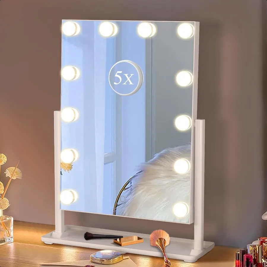 

Vanity Mirror with Lights Makeup Mirror with 12 Dimmable Bulbs 3 Color Lighting Modes Detachable 5X Magnification Mirror 360Rot