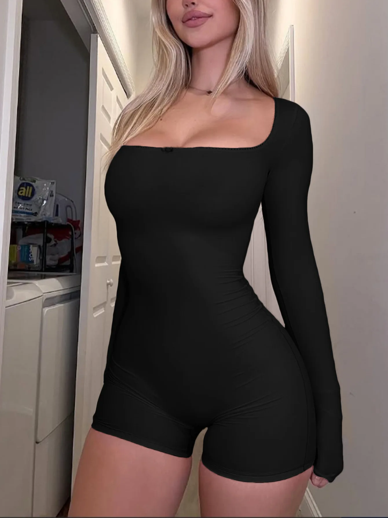 Women's Jumpsuit 2026 Spring Summer Solid Color Sports Yoga Jumpsuit Square Neck Long Sleeve Stretchy Slim Fit One Piece view 6