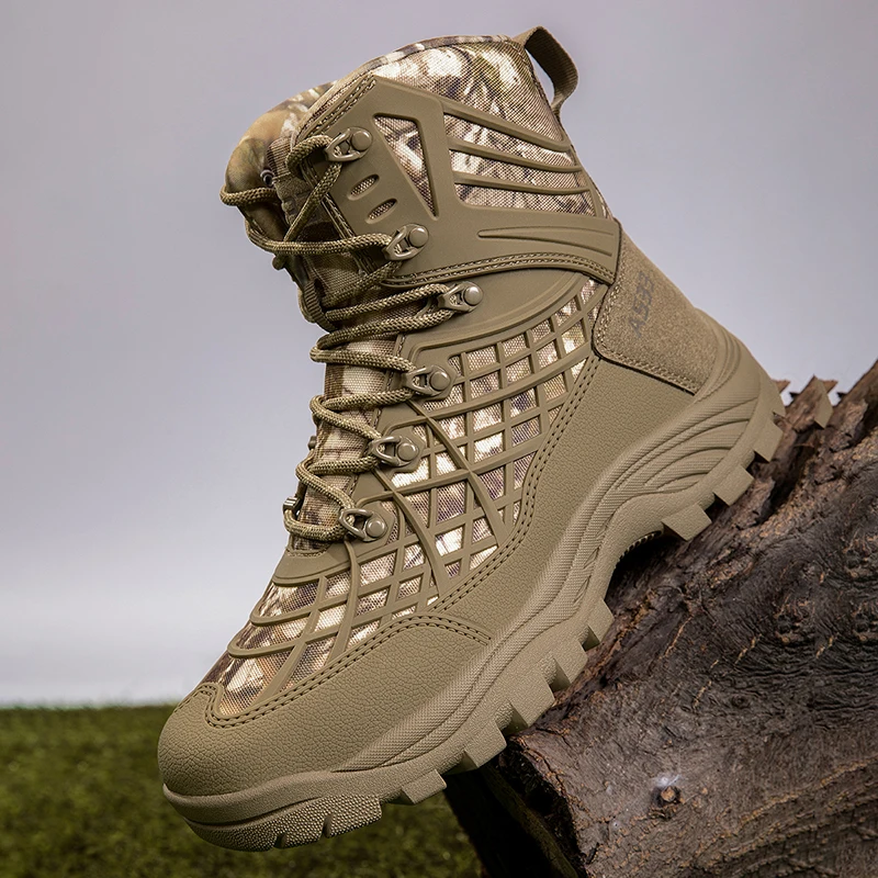 

Мужские высокие ботинки, противоскользящие амортизирующие ботинки на шнуровке, износостойкие дышащие армейские ботинки, уличная удобная походная обувь для мужчин