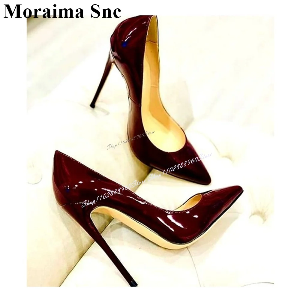 Sexy Style Burgundy Patent Leather Shallow Pumps Stilettos High Heel Women Shoes Slip-On Pointed Toe 2024 Zapatos Para Mujere