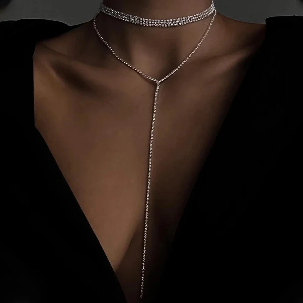 Black Rhinestone Long Tassel Choker Necklace for Women Accessories Fashion Crystal Chain Double Layer Necklace Wedding Jewelry