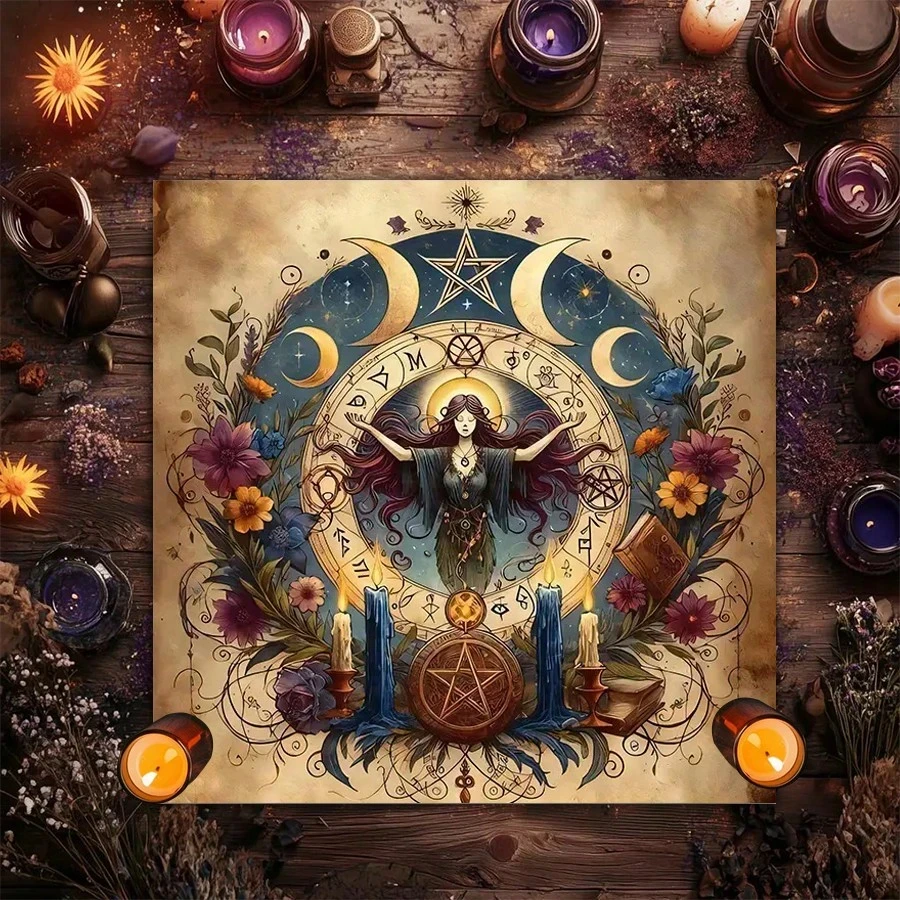 1PC Mysterious Tarot Altar Tablecloth with Golden Occult Design, 100% Polyester, for Divination Witchcraft Astrology Halloween