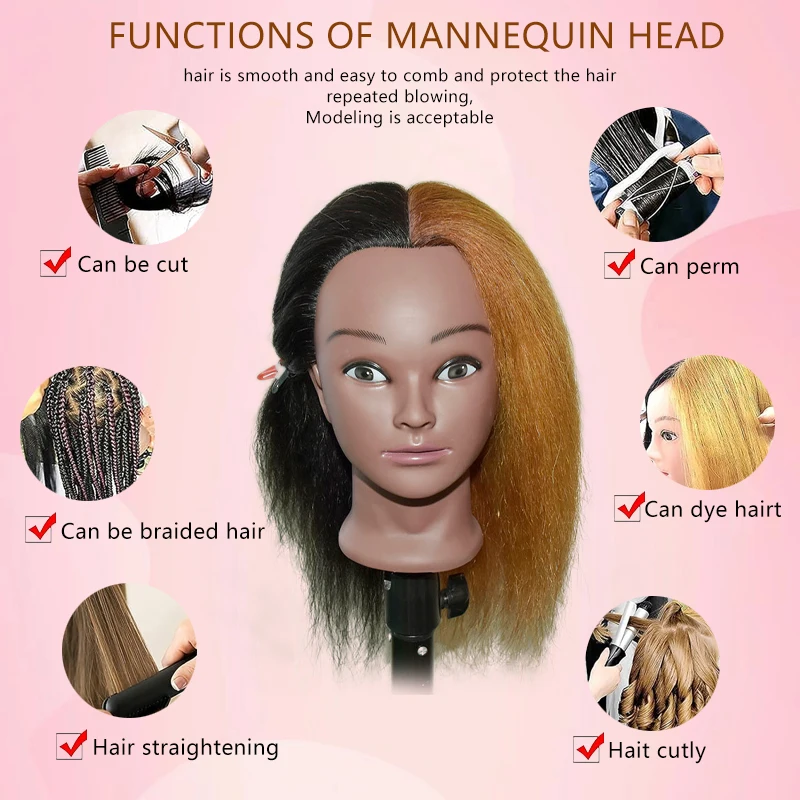 Afro Black Long Straight Hair Human Hair Training Mannequin Head with Hair for Braiding Cornrow Practice Training Mannequin Head