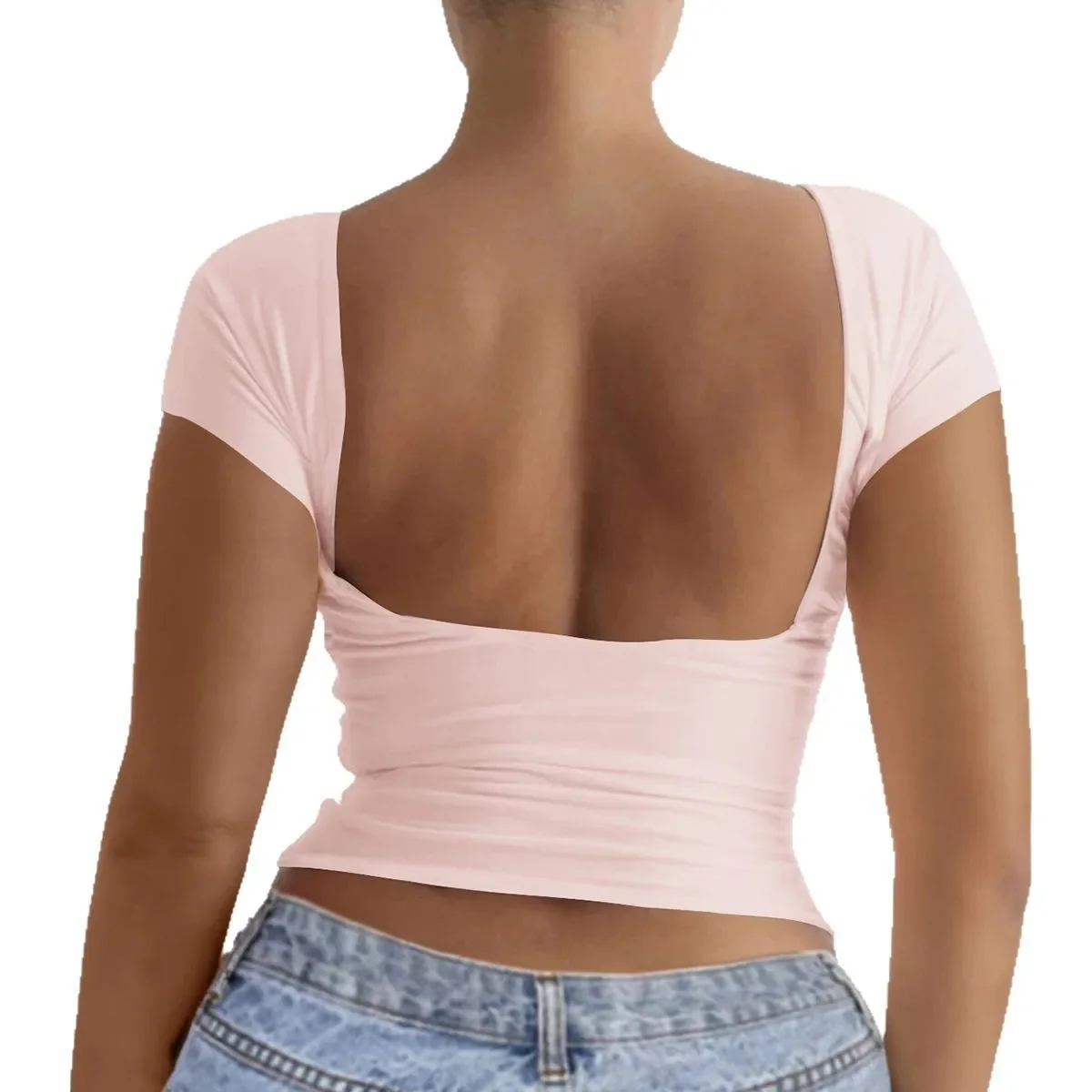 2025 여름 새로운 여성 티셔츠 솔리드 컬러 섹시 슬림 피트 오픈 백 반팔 탑 여성용 섹시 슬리밍 Y2K Ladies Tops